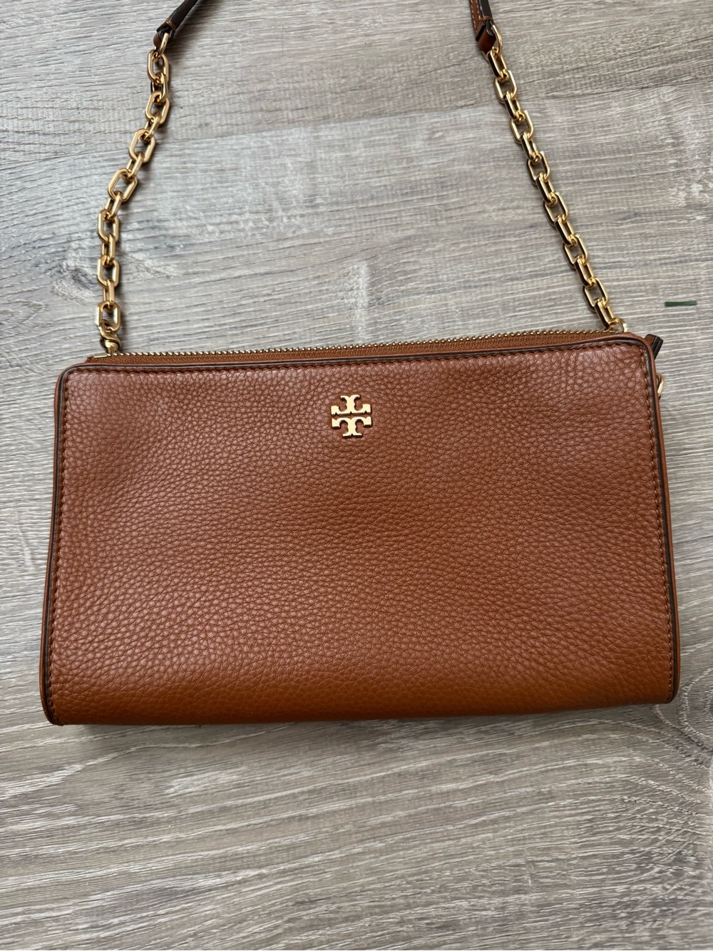 Tory Burch Brown Pebbled Leather Crossbody with Gold Chain
